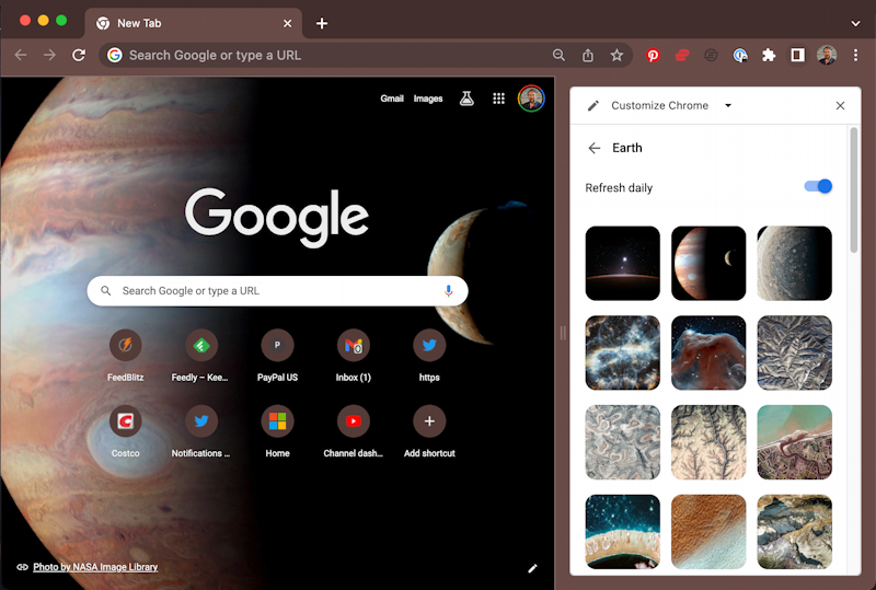 customize google chrome theme colors - space wallpaper brown color