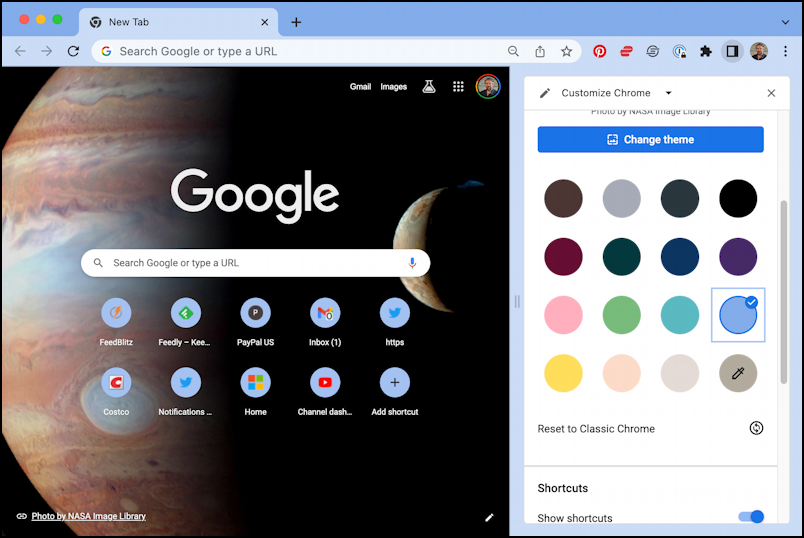customize google chrome theme colors - space desktop wallpaper light theme color