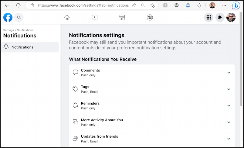 facebook manage change notification settings - main notifications setting screen