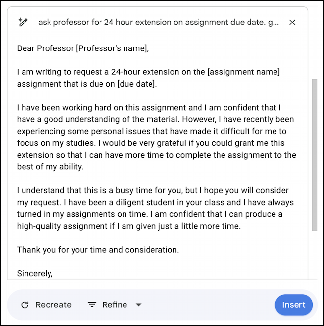 gmail duet ai tools - help me write - assignment extension request