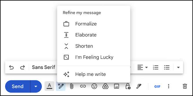 gmail duet ai tools - pop-up menu formal shorten i feel lucky
