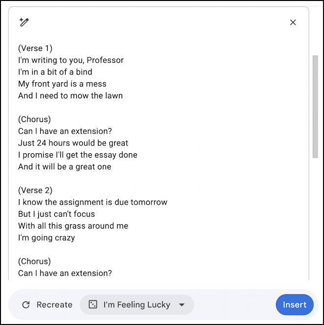 gmail duet ai tools - i'm feeling lucky - song lyrics