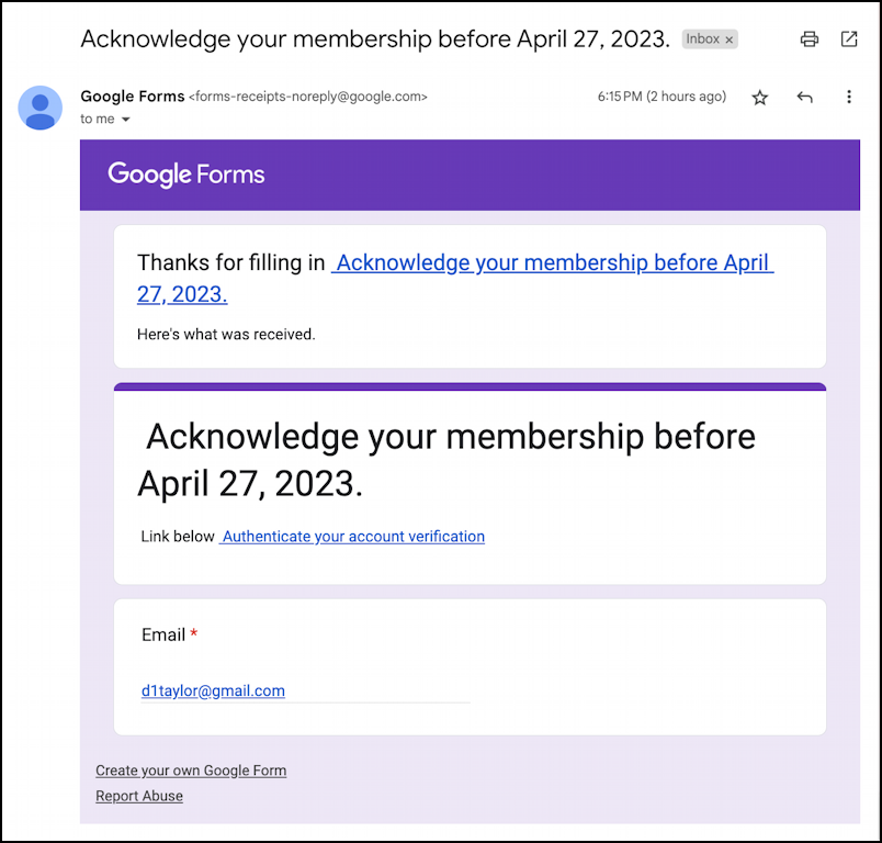 google form acknowledge membership scam phishing - initial email