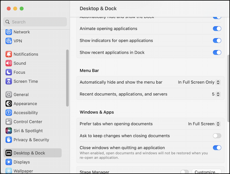 mac macos recent apps docs - settings recent items
