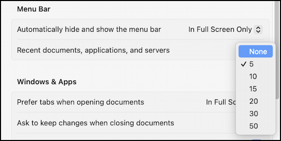 mac macos recent apps docs - settings recent items count choice
