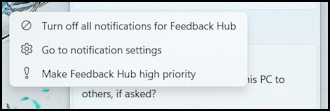 win11 pc notifications feedback hub - pop-up notifications menu