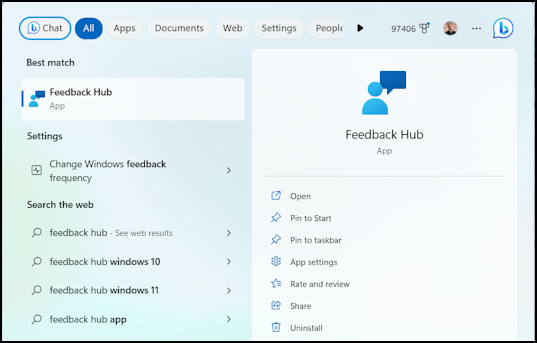 win11 pc notifications feedback hub - search taskbar for 'feedback hub'