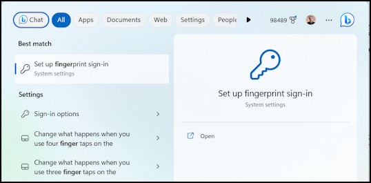 win11 fingerprint login setup - taskbar search 'fingerprint'
