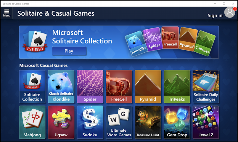 win11 solitaire minesweeper - main screen
