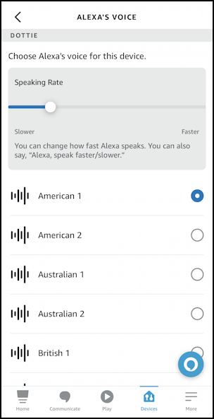 amazon alexa app - speaker eq - voice options american australian british indian