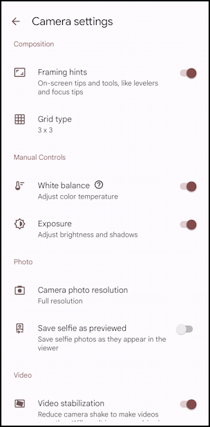 android camera composition tools: level - more settings