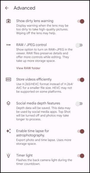 android camera composition tools: level - camera settings > advanced