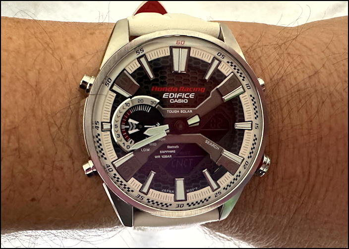 casio edifice ecb-s100 honda racing watch on man's wrist
