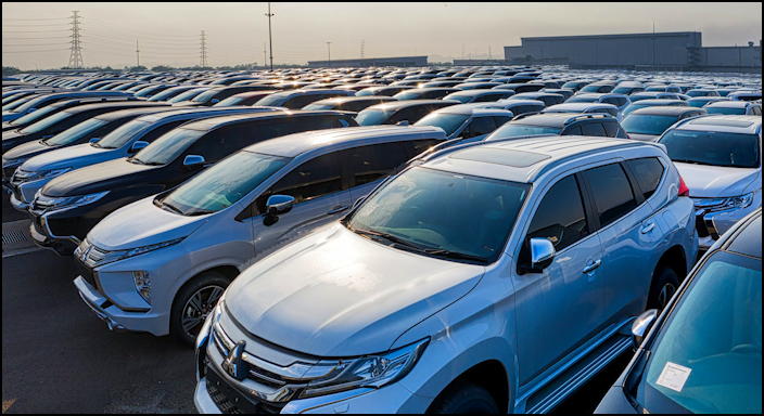 fleet of cars for sale in parking lot