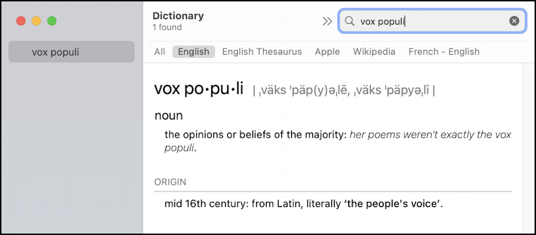 mac macos 13 - dictionary app - look up vox populi