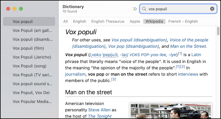 mac macos 13 - dictionary app - wikipedia vox populi