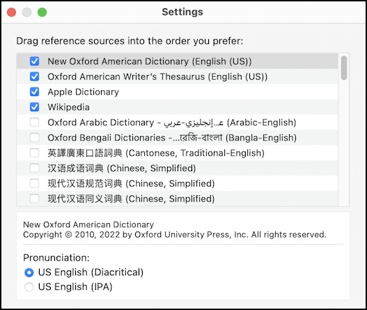 mac macos 13 - dictionary app - settings