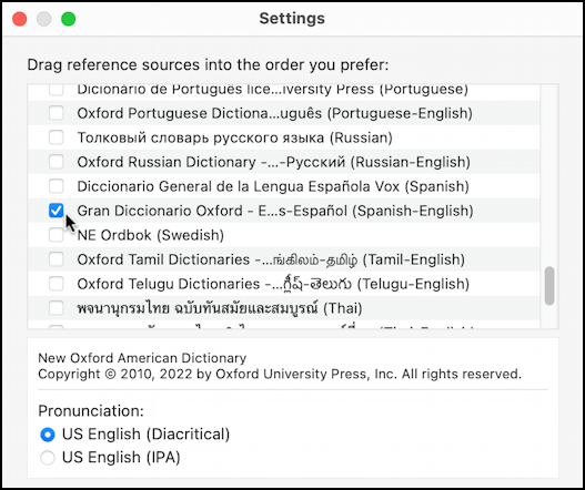 mac macos 13 - dictionary app - add spanish language support