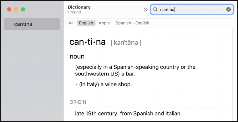 mac macos 13 - dictionary app - look up cantina