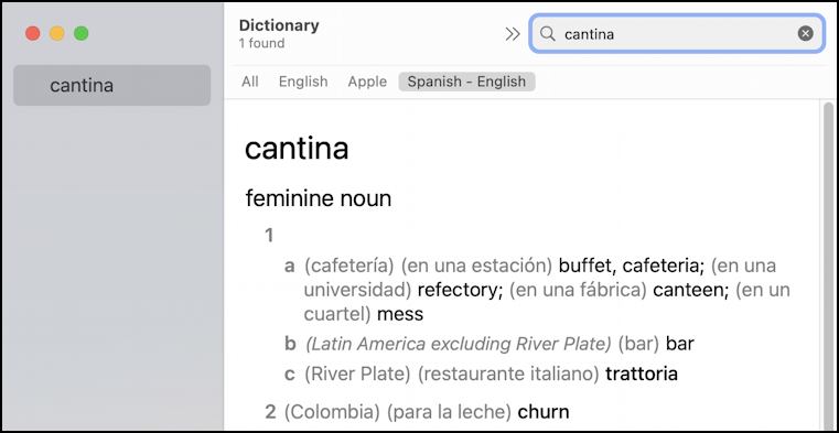 mac macos 13 - dictionary app - cantina english spanish translation