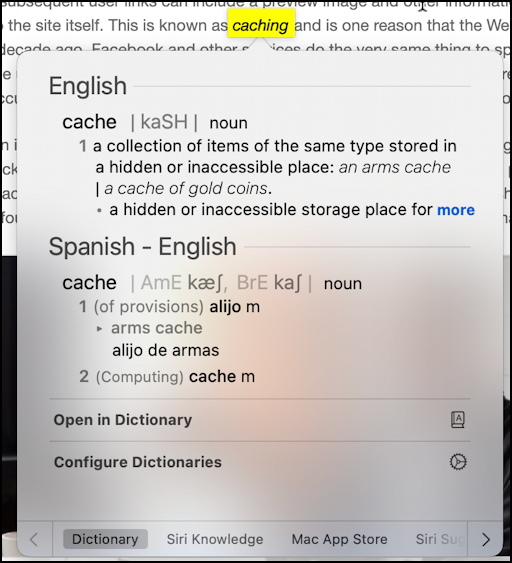 mac macos 13 - dictionary app - in-line dictionary extension "caching"