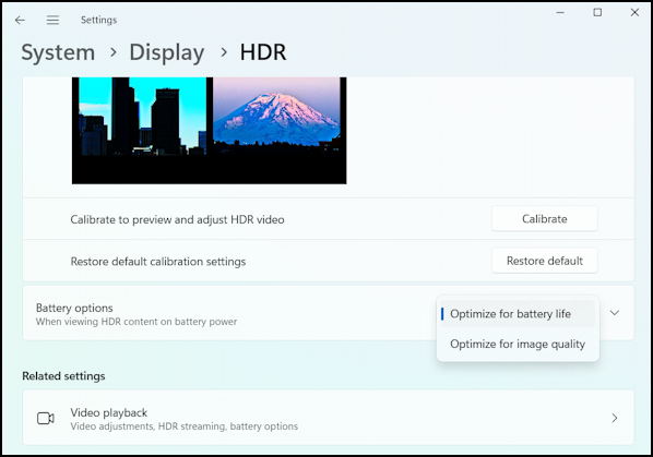 windows 11 video playback battery - system > display > hdr