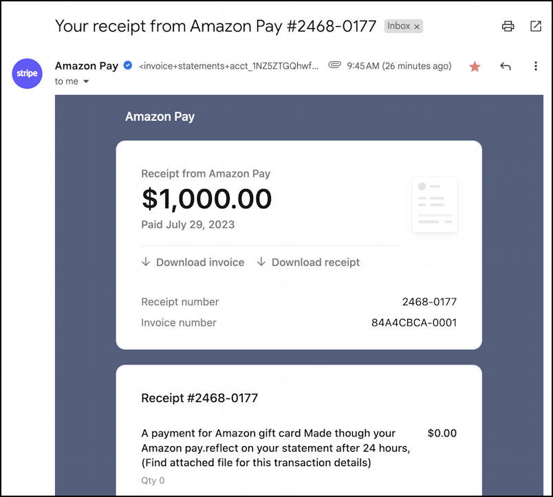 amazon pay services gift cards stripe spam scam - original email