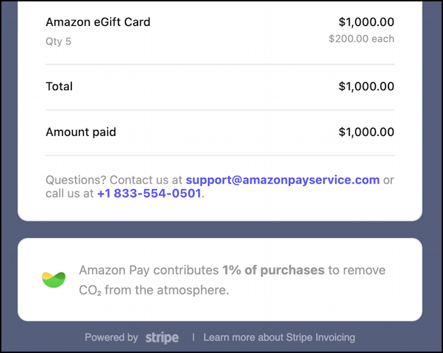 amazon pay services gift cards stripe spam scam - 5 * $200 gift card