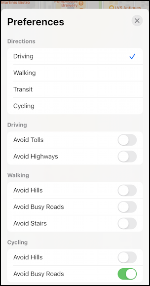 apple maps routing direction preferences settings - app preferences
