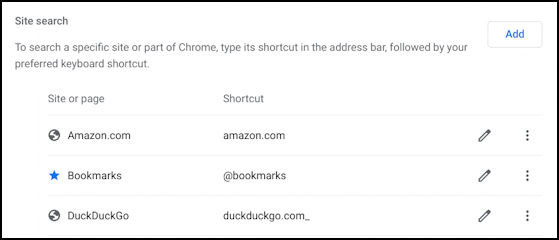 chrome os add search shortcut wikipedia - list of shortcuts