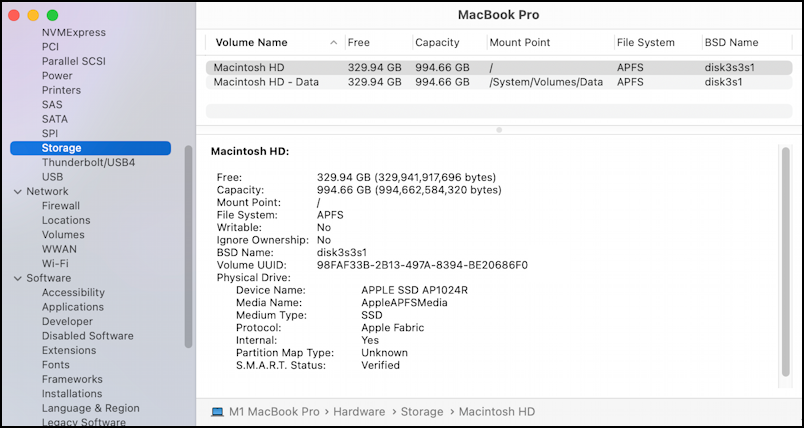mac macos disk space - system report : storage