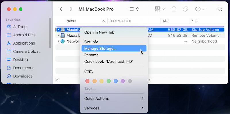 mac macos disk space - finder top context menu - manage storage