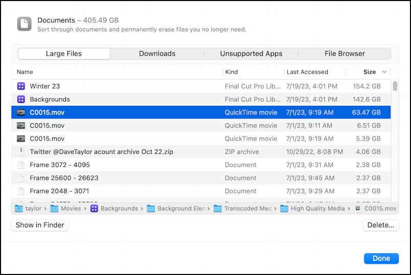 mac macos disk space -  manage storage - documents detail