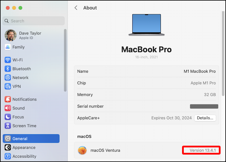 macos find version number release - system settings > general > about 