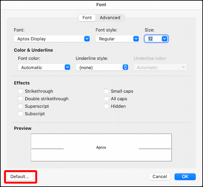 change microsoft word default font aptos - font window