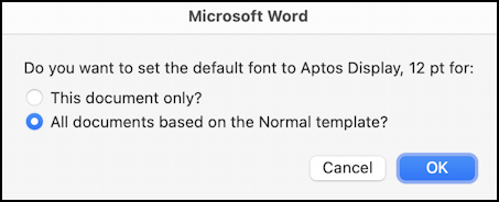 change microsoft word default font aptos - set as default?