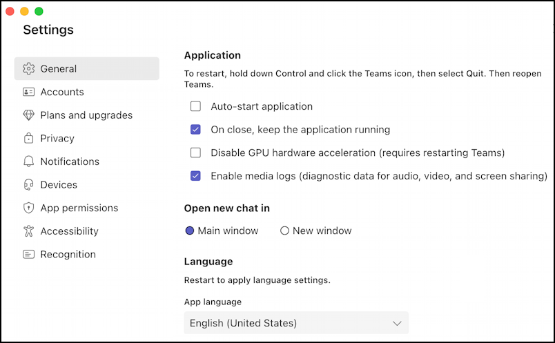 microsoft teams for mac - application settings defaults