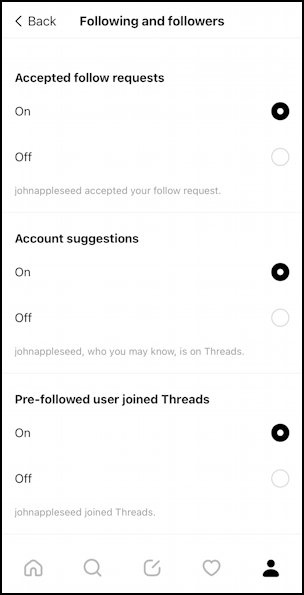 threads by instagram - improve feed settings - notifications - followers and following