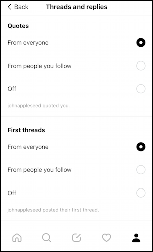 Threads app following feed newsfeed - show / hide first posts