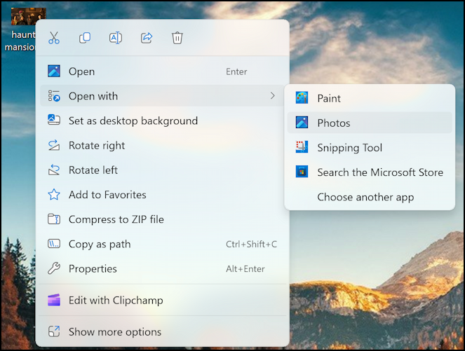 windows win11 default app - right-click on file