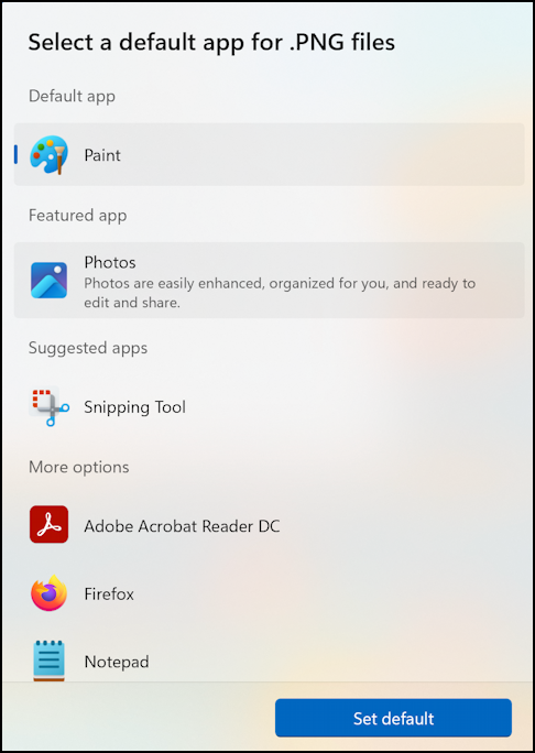 windows win11 default app - change default app menu
