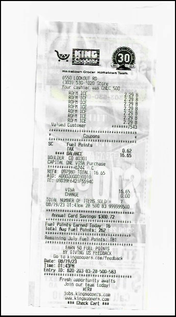 king soopers receipt from shopping for ice