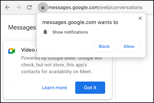 android sync messages web - permissions requested notifications