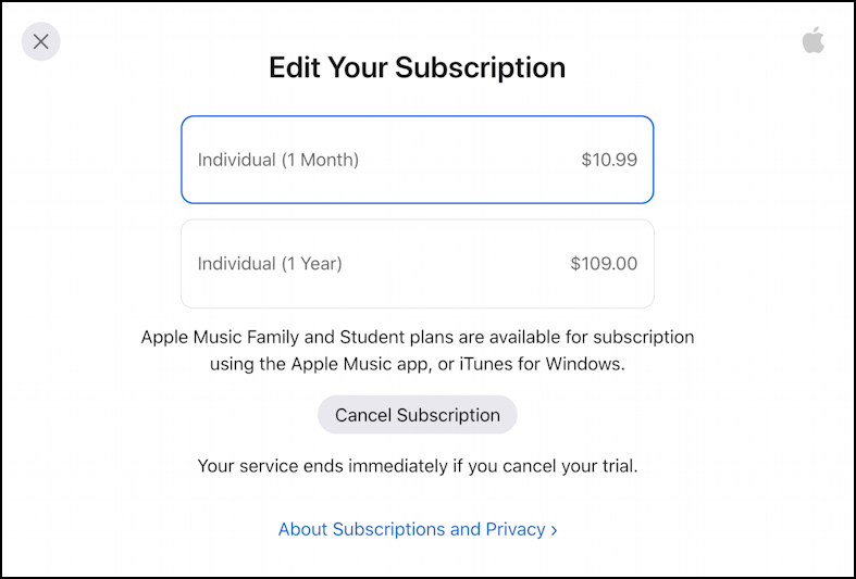 cancel apple music subscription online - manage sub