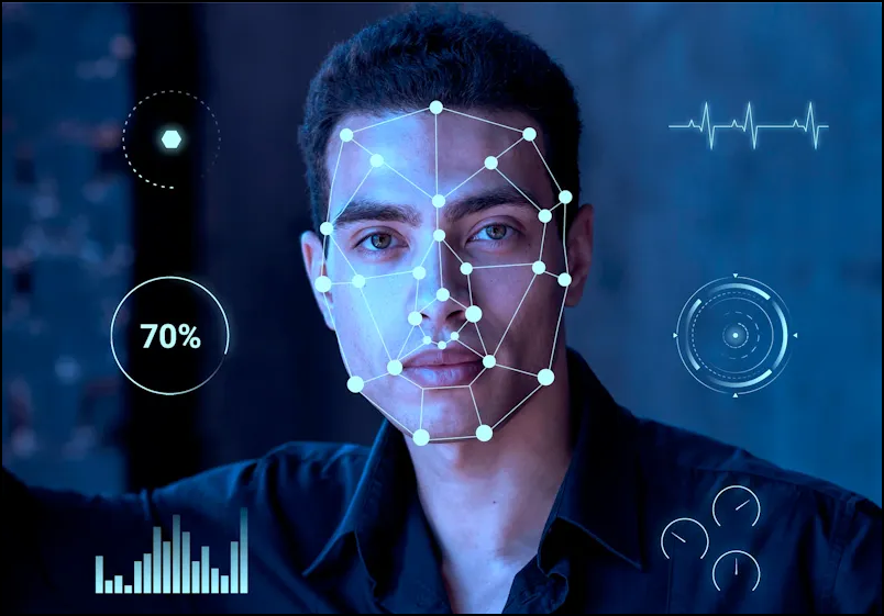 young man, face analyzed with facial recognition software