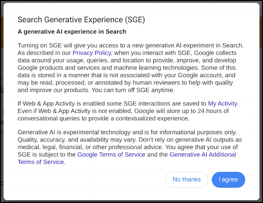 google search generative ai experience sge - disclaimer