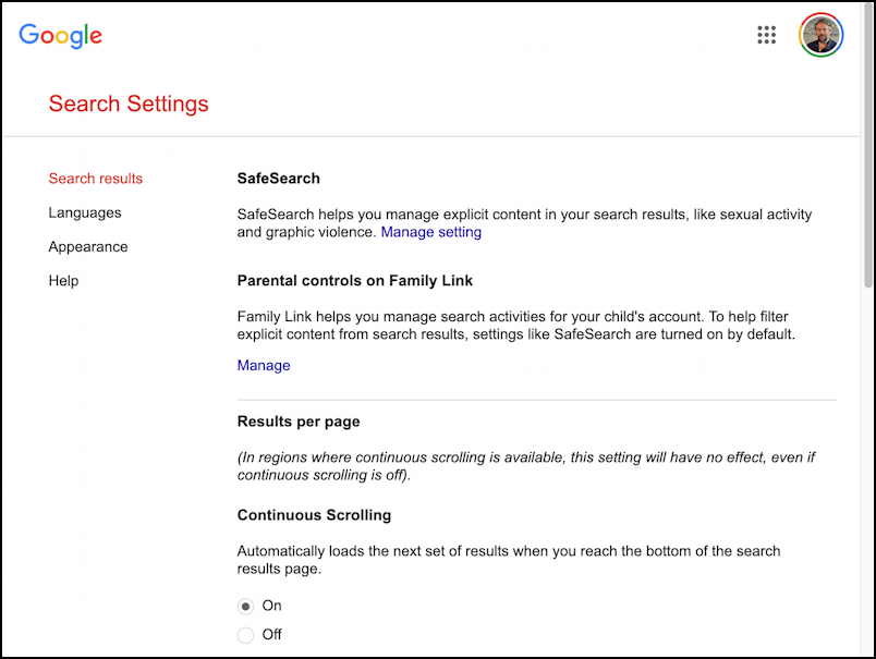 google search settings - main options