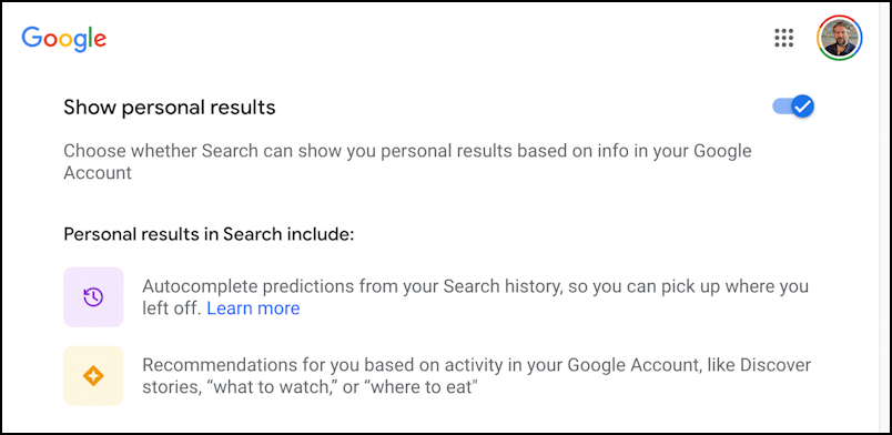 google search settings - show personal results