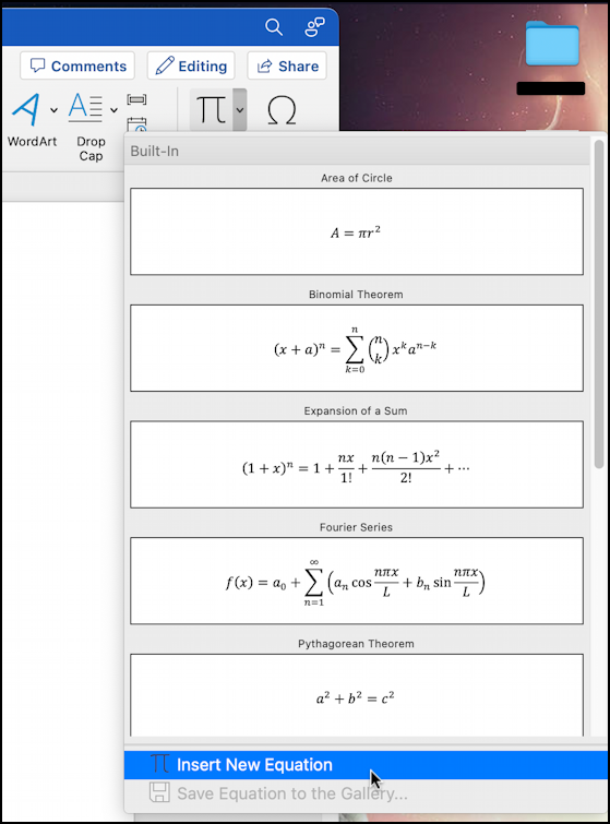 microsoft word fractions equations input - insert predefined equation