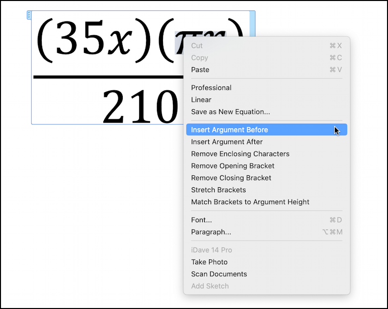 microsoft word fractions equations input - right click within equation